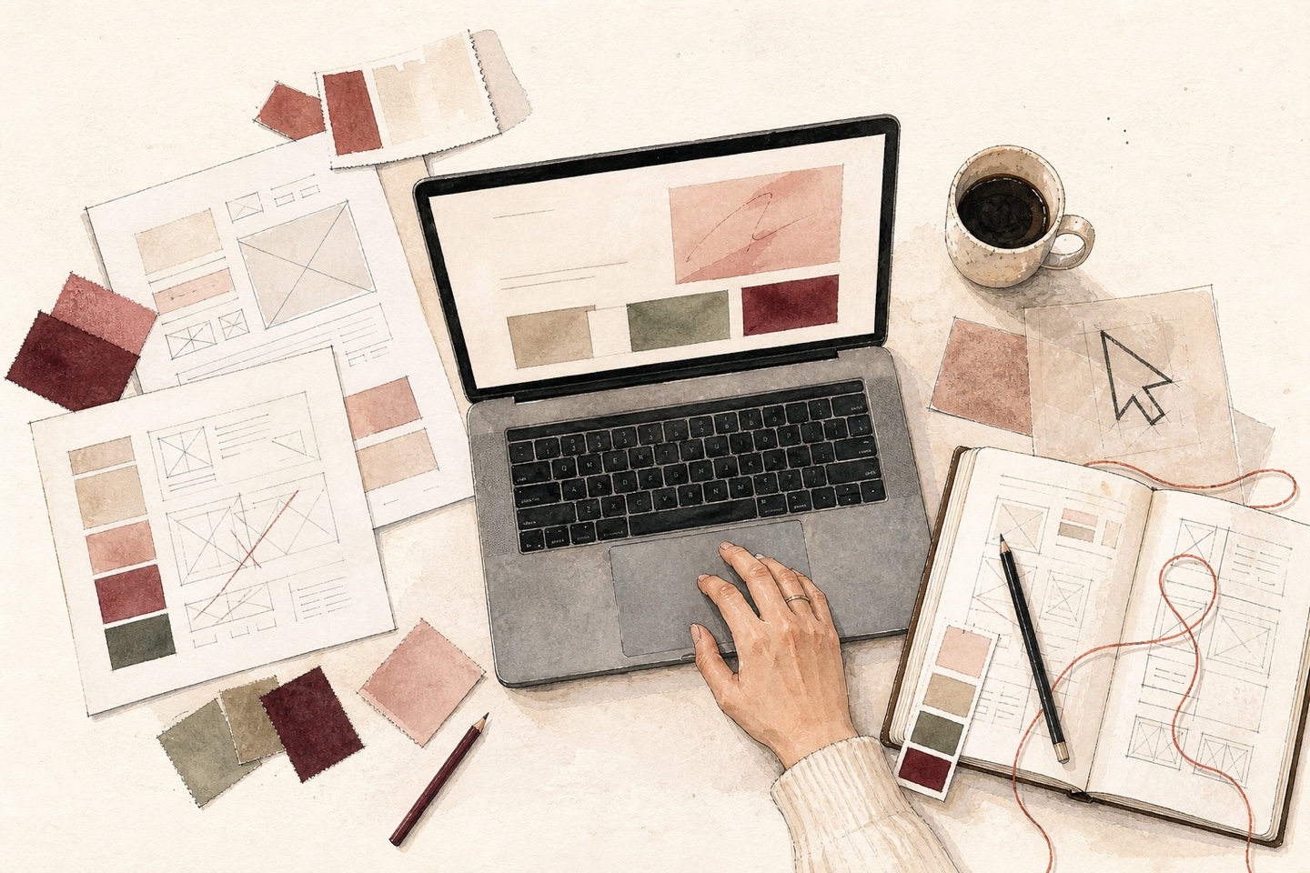 Ilustración de una mesa de trabajo con un portátil, bocetos web, pruebas de color y una mano sobre el trackpad