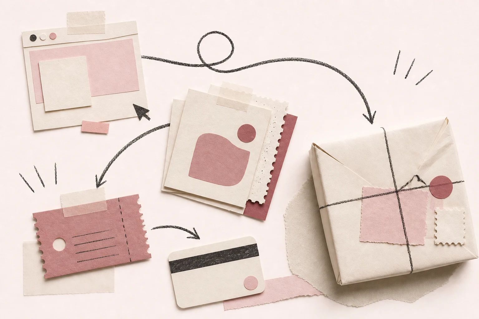 Collage editorial con un paquete, una tarjeta de pago y el recorrido de una compra online