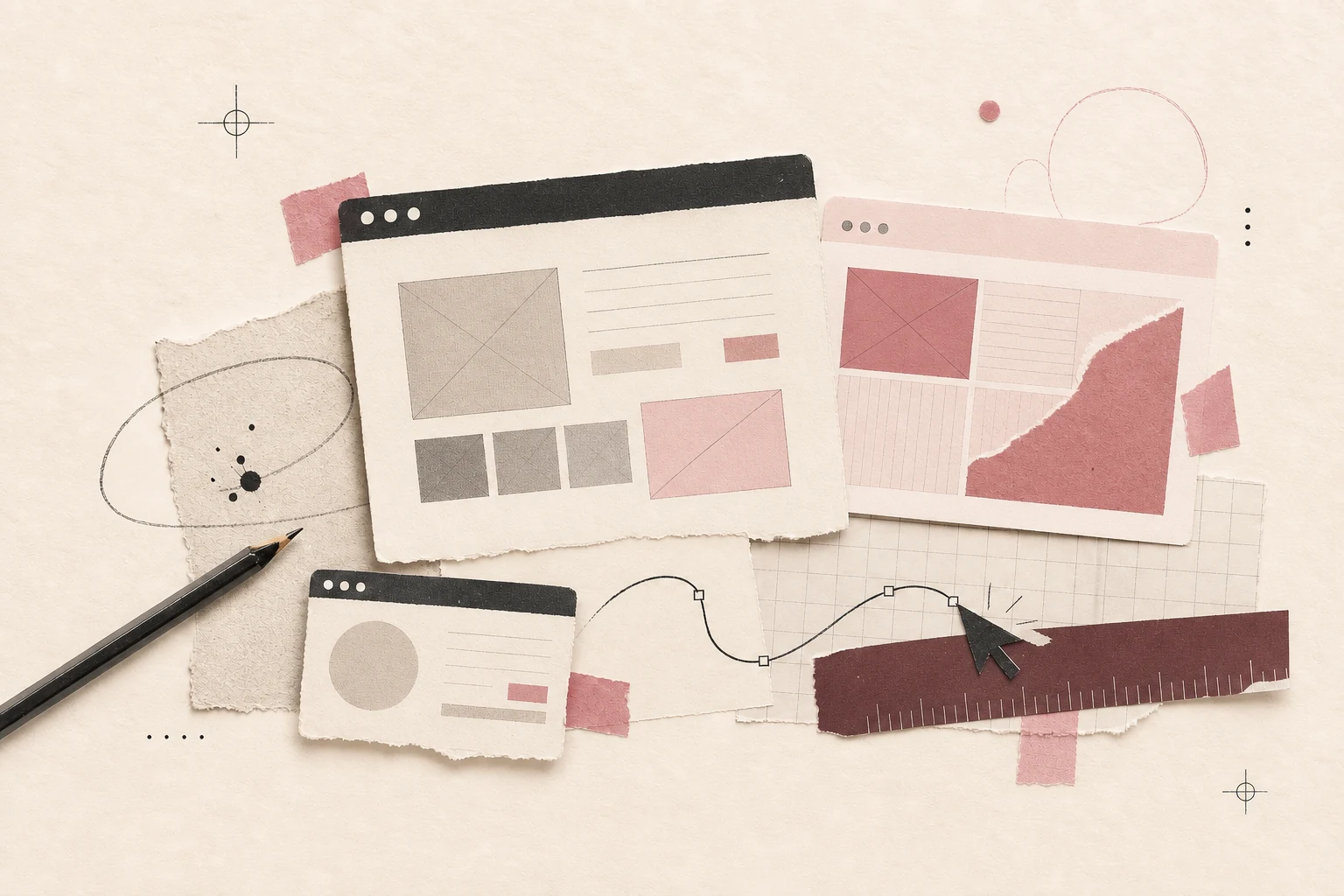 Collage editorial con bocetos, retículas y recortes que representan el proceso de diseño web