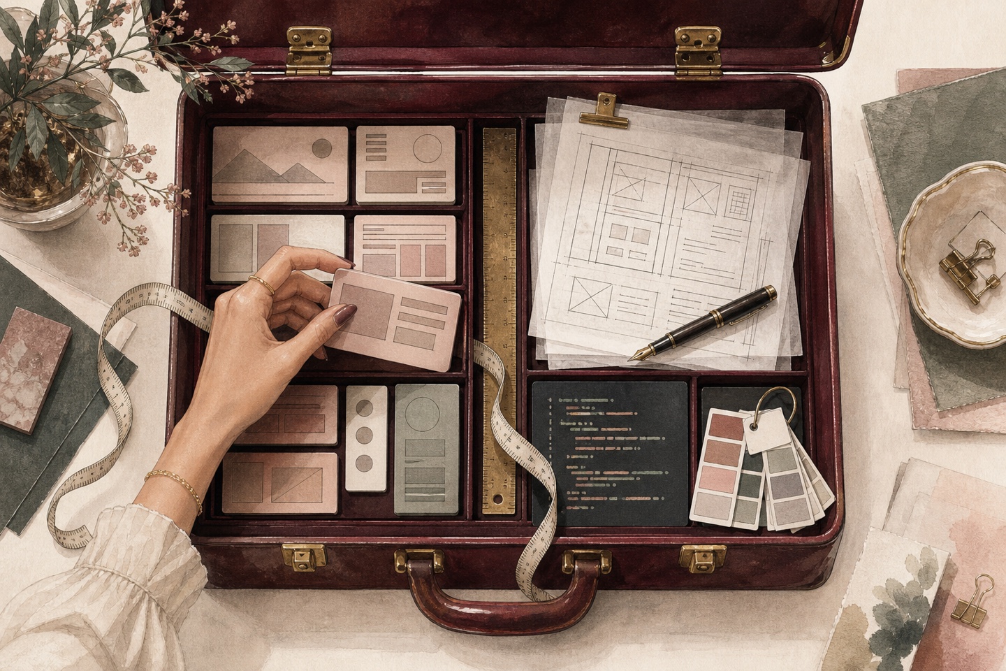 Ilustraci&oacute;n de una maleta de trabajo con m&oacute;dulos web, bocetos, reglas y muestras de color